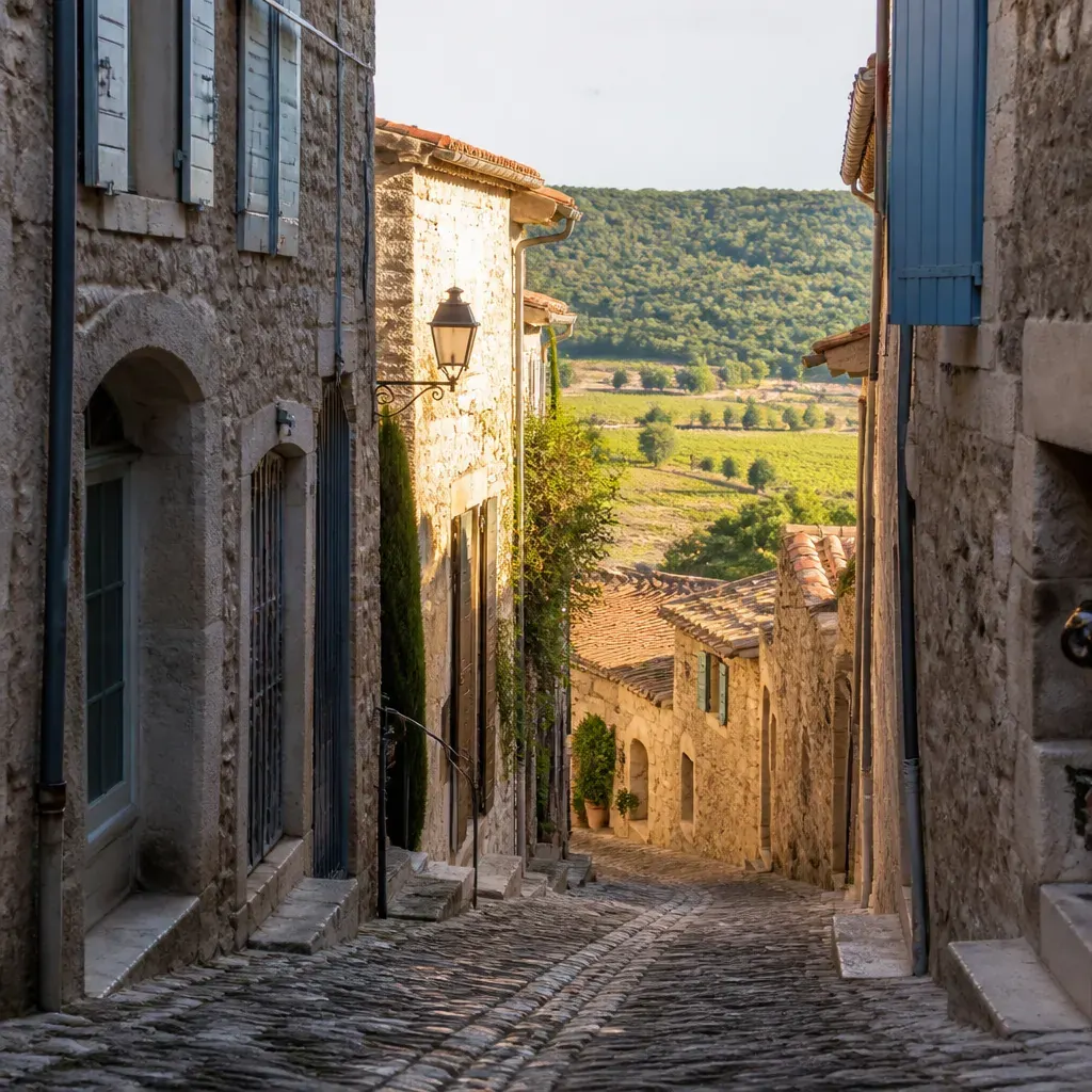 Ruelle pavée d’un village perché varois, maisons en pierre